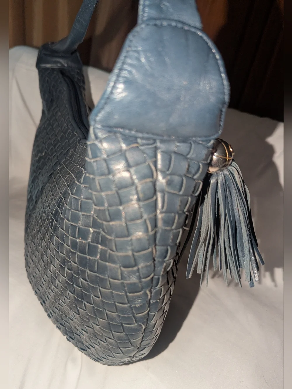 Vintage Woven Leather Hobo Bag In Navy Blue. Made In Korea